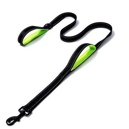 Black and green heavy-duty dog leash with double handles for control and safety, made by TrendyPet's Zone.