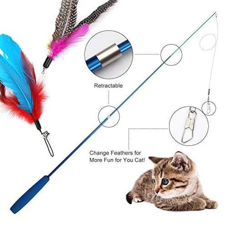 Black Interactive Cat Toy Kitten Teaser Stick Wand Pet Three-section Retractable Feather Stick Bell Catcher - TrendyPet's Zone