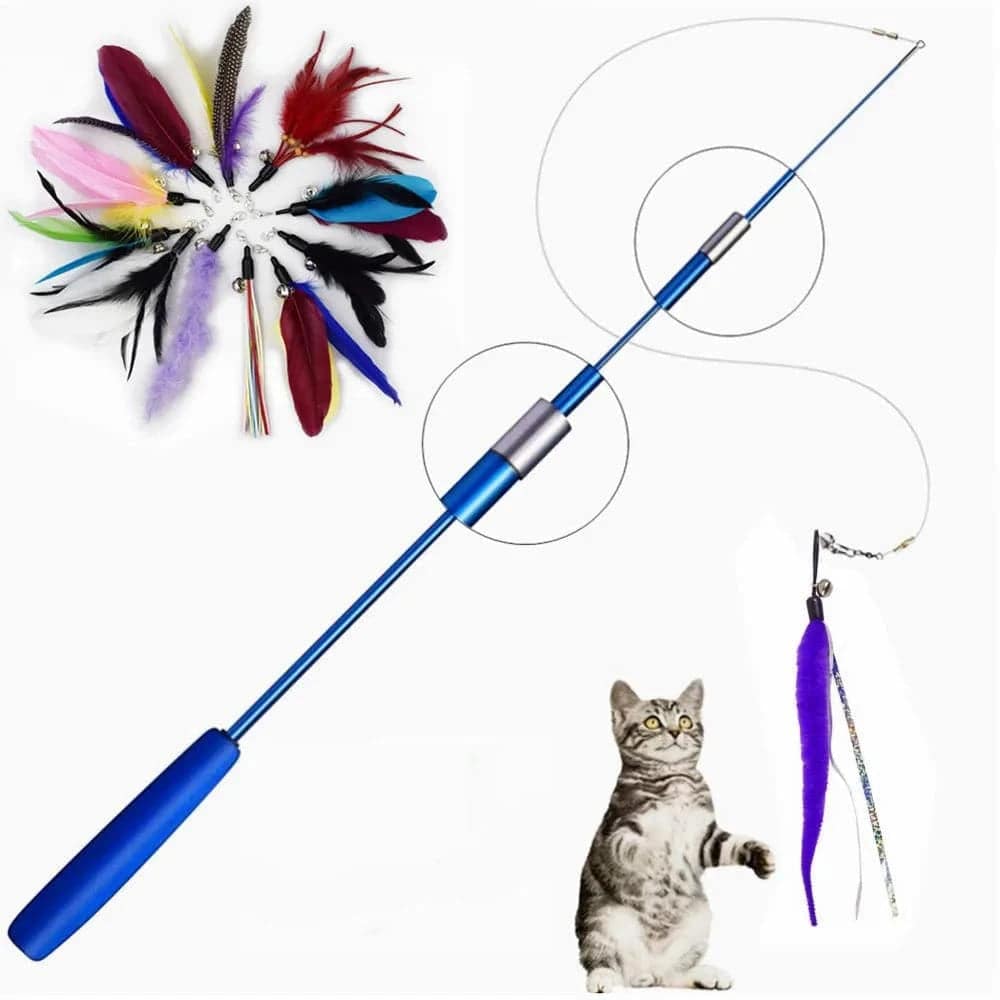 Black Interactive Cat Toy Kitten Teaser Stick Wand Pet Three-section Retractable Feather Stick Bell Catcher - TrendyPet's Zone