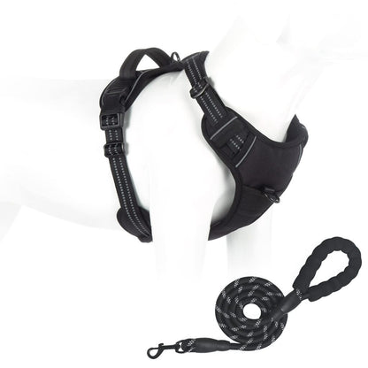 Black No-Pull dog harness with adjustable straps and easy control handle, designed for comfortable walking and training.