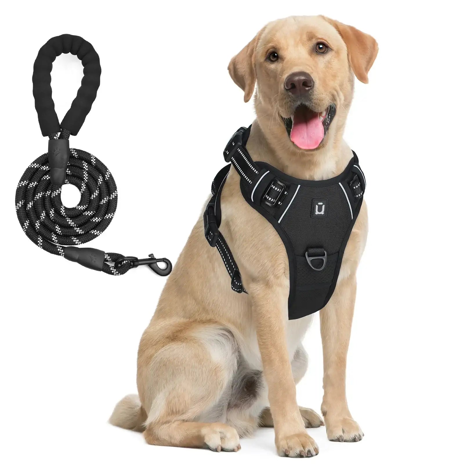 Black adjustable dog harness with easy control handle, no-pull design, made by TrendyPet's Zone for comfortable walking.