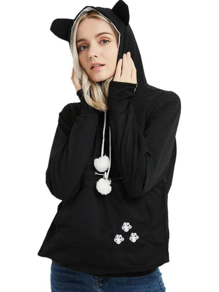 Black Paw Print High Quality Sweatshirt Cat Dog Lovers Hoodies Kangaroo Pet Paw Ears Cuddle Pouch Pullovers - TrendyPet's Zone