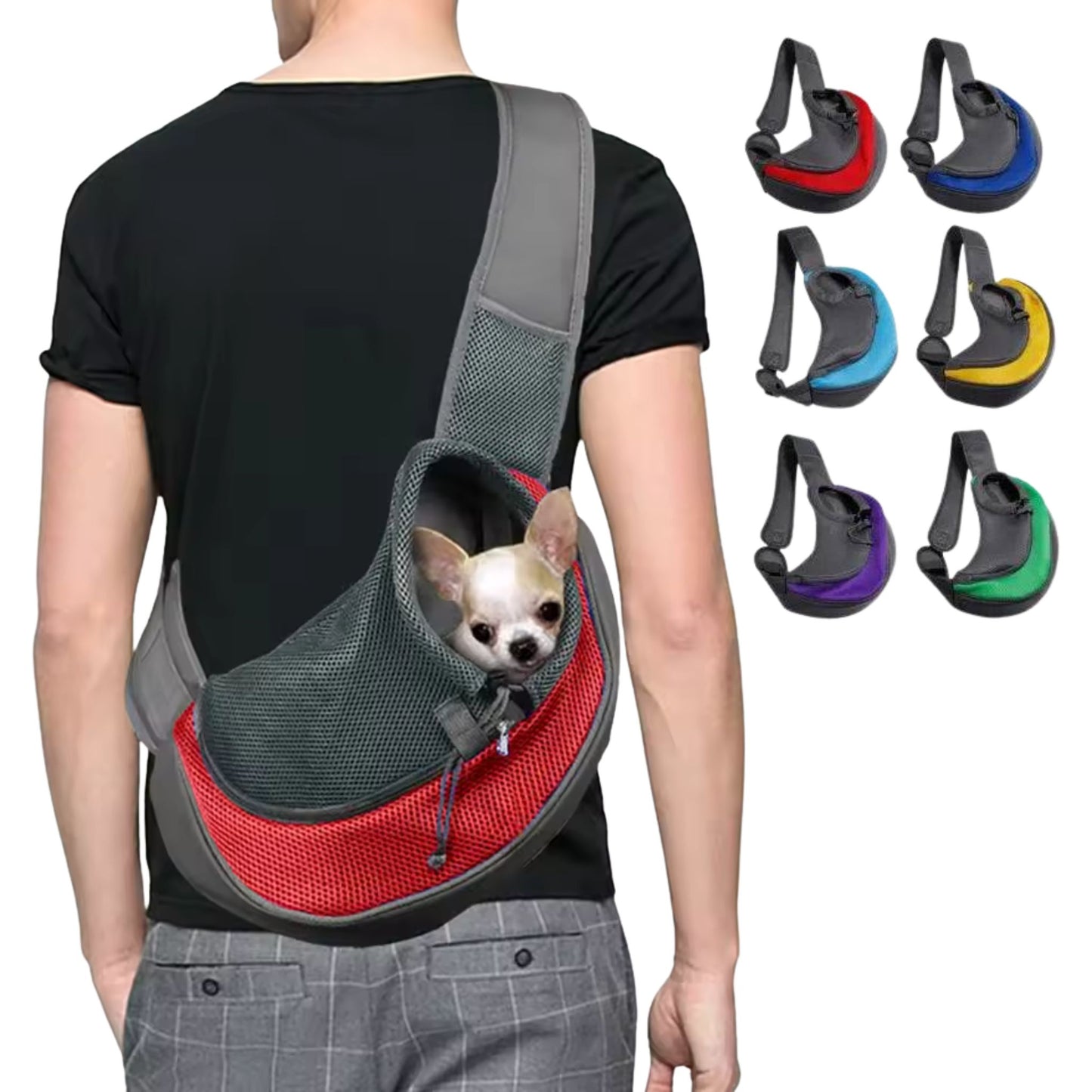 Black TrendyPet's Zone pet carrier sling with small dog inside, showing comfortable shoulder bag design with color options displayed.