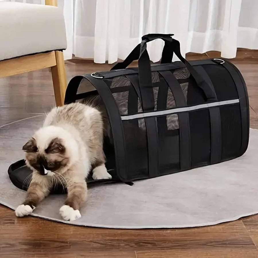 Black TrendyPet's Zone pet carrying bag with large capacity, breathable design, portable shoulder strap, suitable for outdoor use in all seasons.