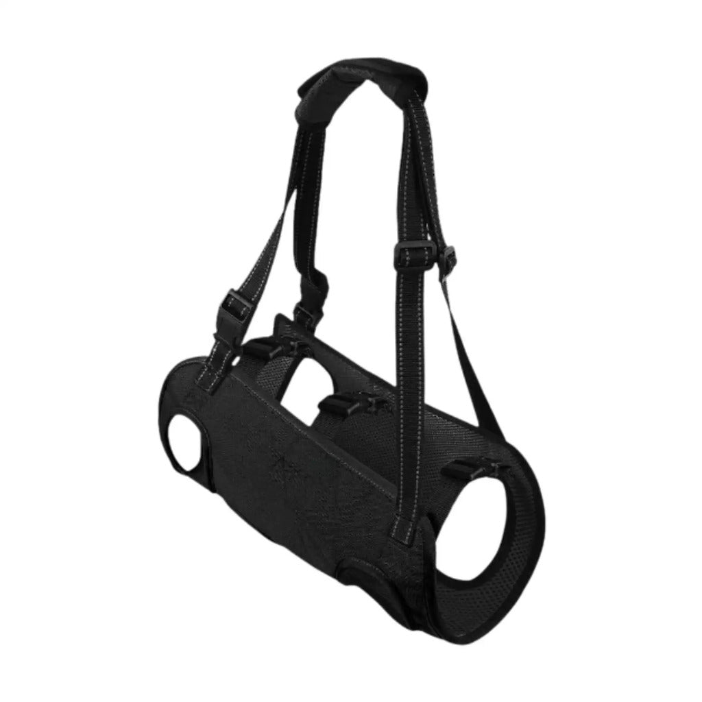 Black portable dog lift harness with adjustable strap and soft lining, designed for easy lifting and support.