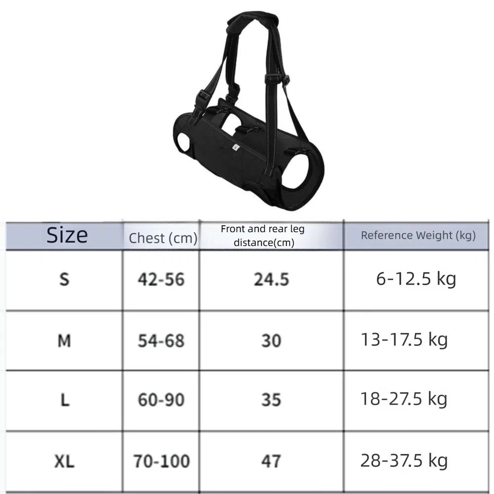 Black portable dog lift harness with adjustable strap and soft lining, designed for easy lifting and support from TrendyPet's Zone.