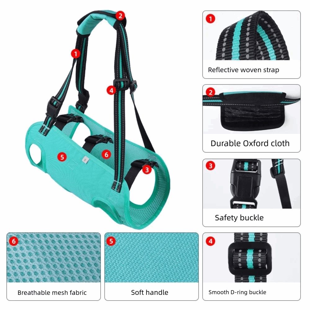 Black portable dog lift harness with adjustable strap and soft lining, designed for easy lifting and support by TrendyPet's Zone.