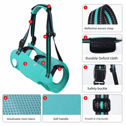 Black portable dog lift harness with adjustable strap and soft lining, designed for easy lifting and support by TrendyPet's Zone.