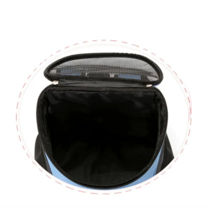 Black portable foldable mesh pet carrier backpack for dogs and cats, breathable, large capacity, outdoor travel, double shoulder straps.