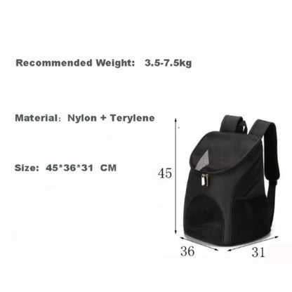 Black foldable mesh pet carrier backpack for dogs and cats, breathable, large capacity outdoor travel carrier with double shoulder straps.