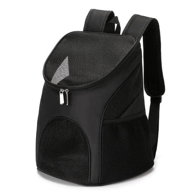 Black foldable mesh pet carrier backpack for dogs and cats, breathable, large capacity, outdoor travel, double shoulder strap.