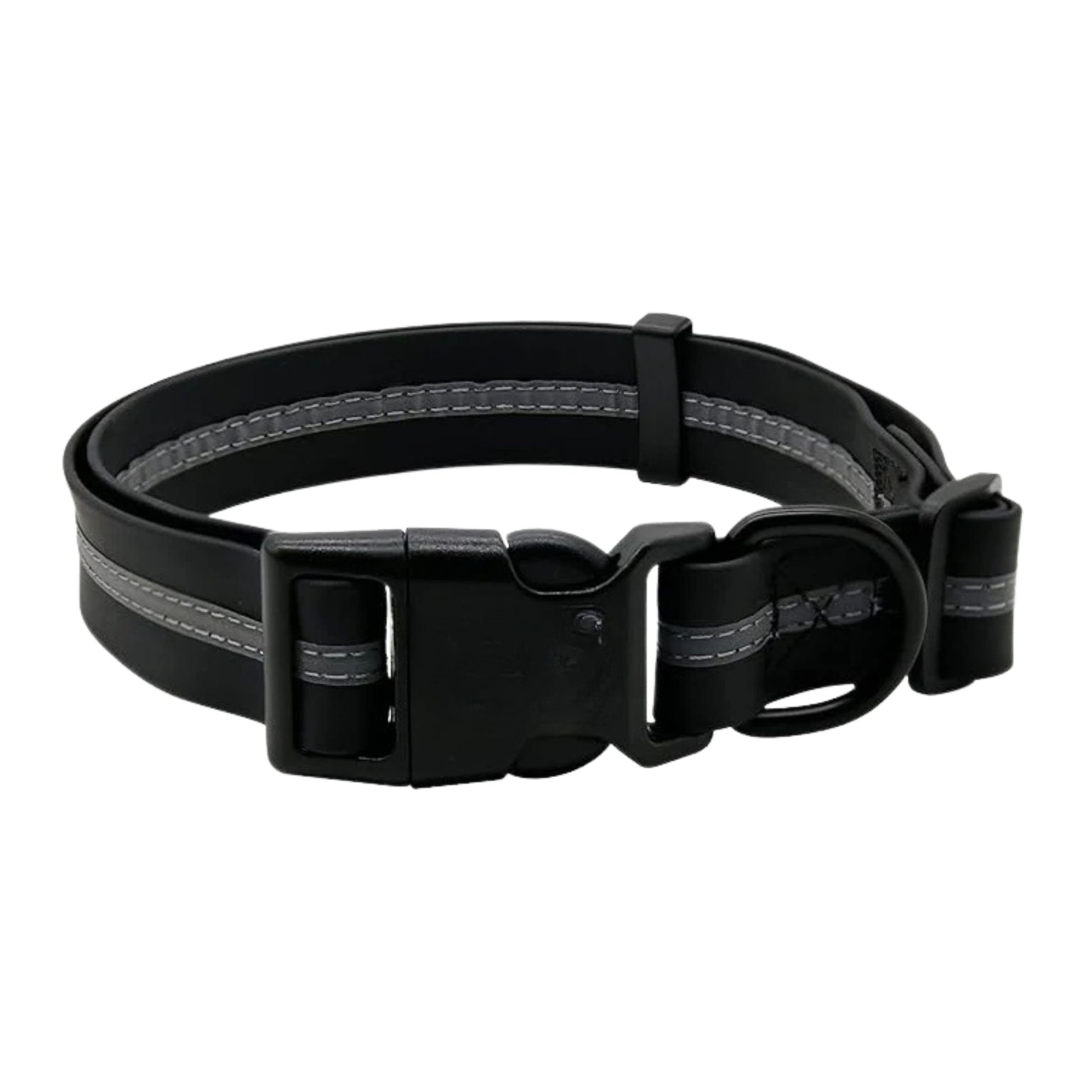 Black PVC dog collar with reflective stripe and adjustable fit, designed by TrendyPet's Zone for safety and comfort.