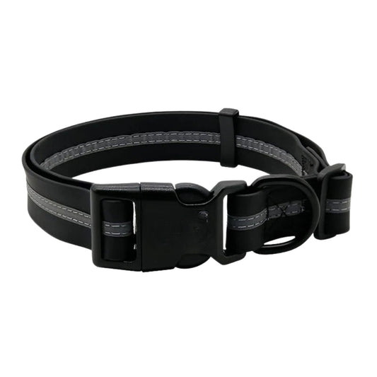 Black PVC dog collar with reflective stripe and adjustable fit, designed by TrendyPet's Zone for safety and comfort.