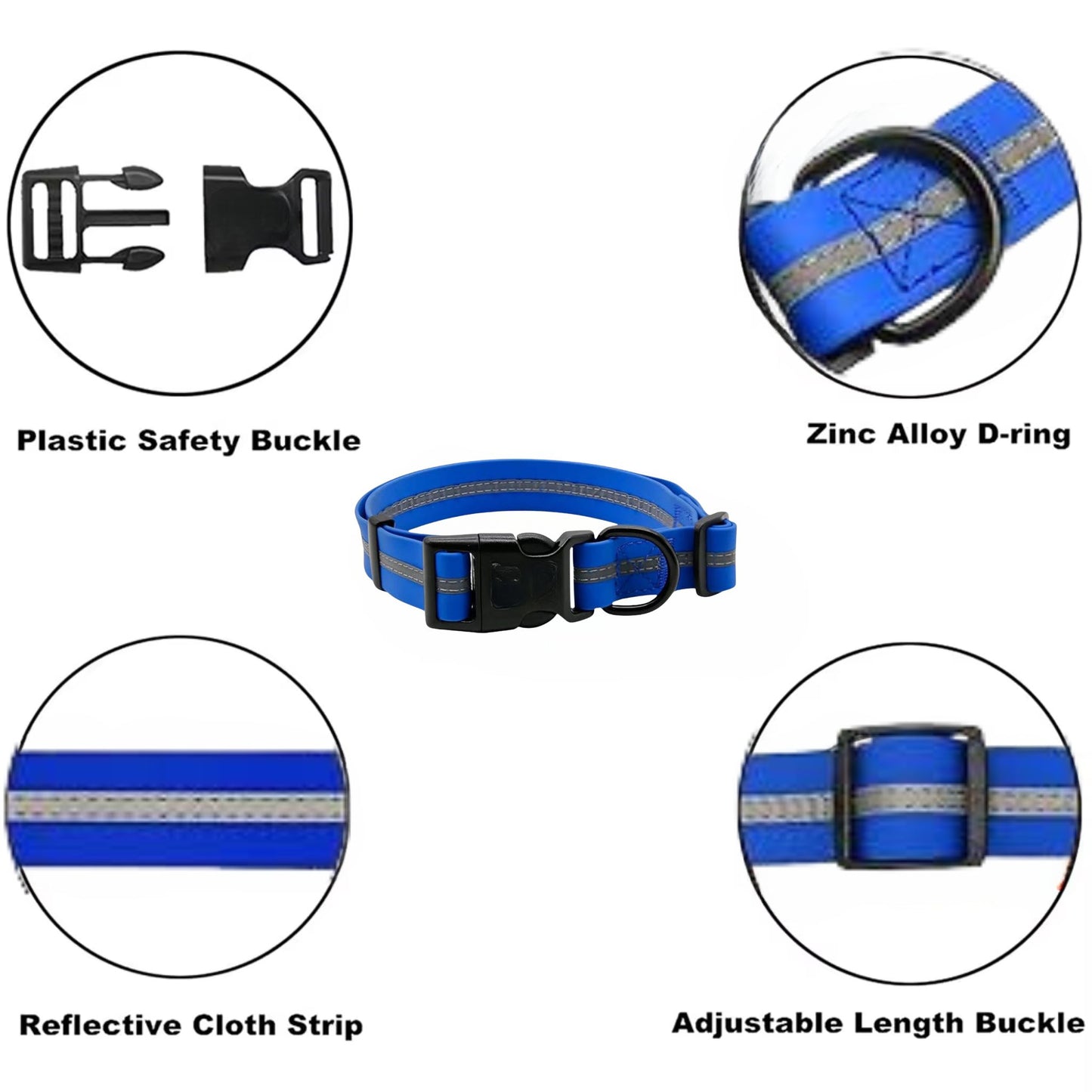 Blue PVC dog collar with reflective stripe, anti-odor material, adjustable fit, from TrendyPet's Zone.