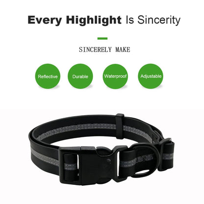 Black PVC dog collar with reflective stripe, anti-odor, adjustable fit, from TrendyPet's Zone, designed for pets' safety and comfort.