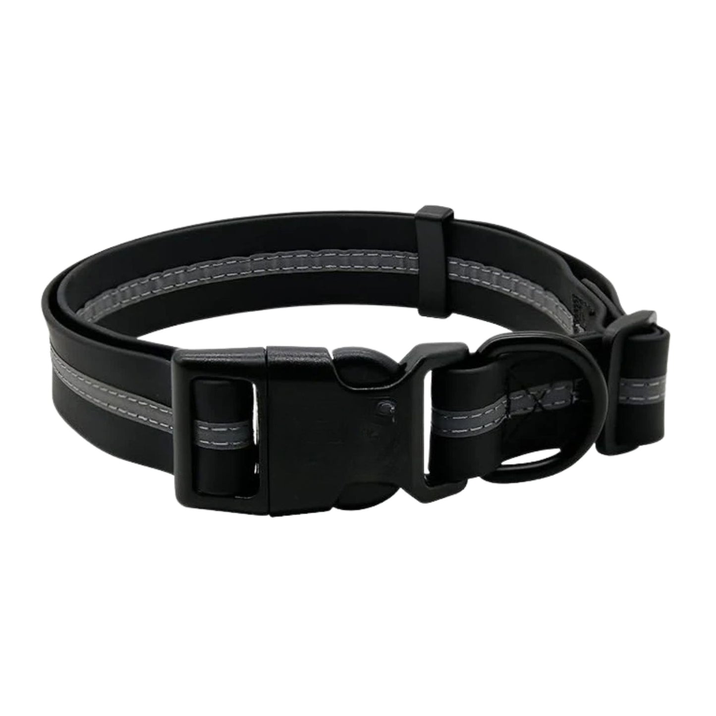 Black PVC dog collar with reflective stripe, adjustable and anti-odor, from TrendyPet's Zone, designed for pet safety and comfort.