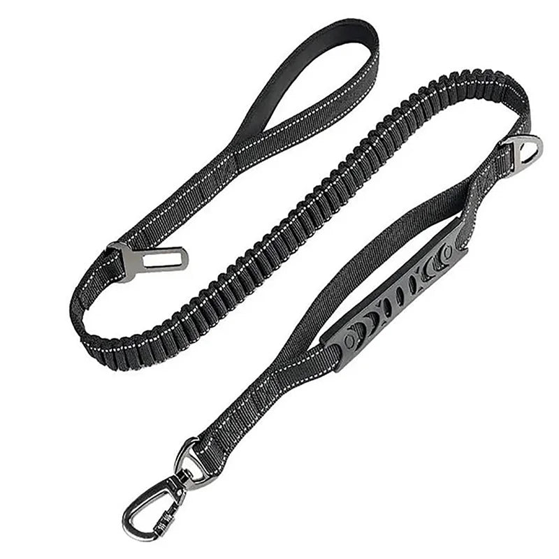 Black reflective shock-absorbing dog leash with car safety buckle by TrendyPet's Zone, designed for secure vehicle travel with pets.