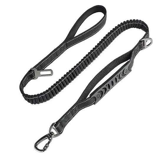 Black reflective shock-absorbing dog leash with car safety buckle by TrendyPet's Zone, designed for secure vehicle travel with pets.