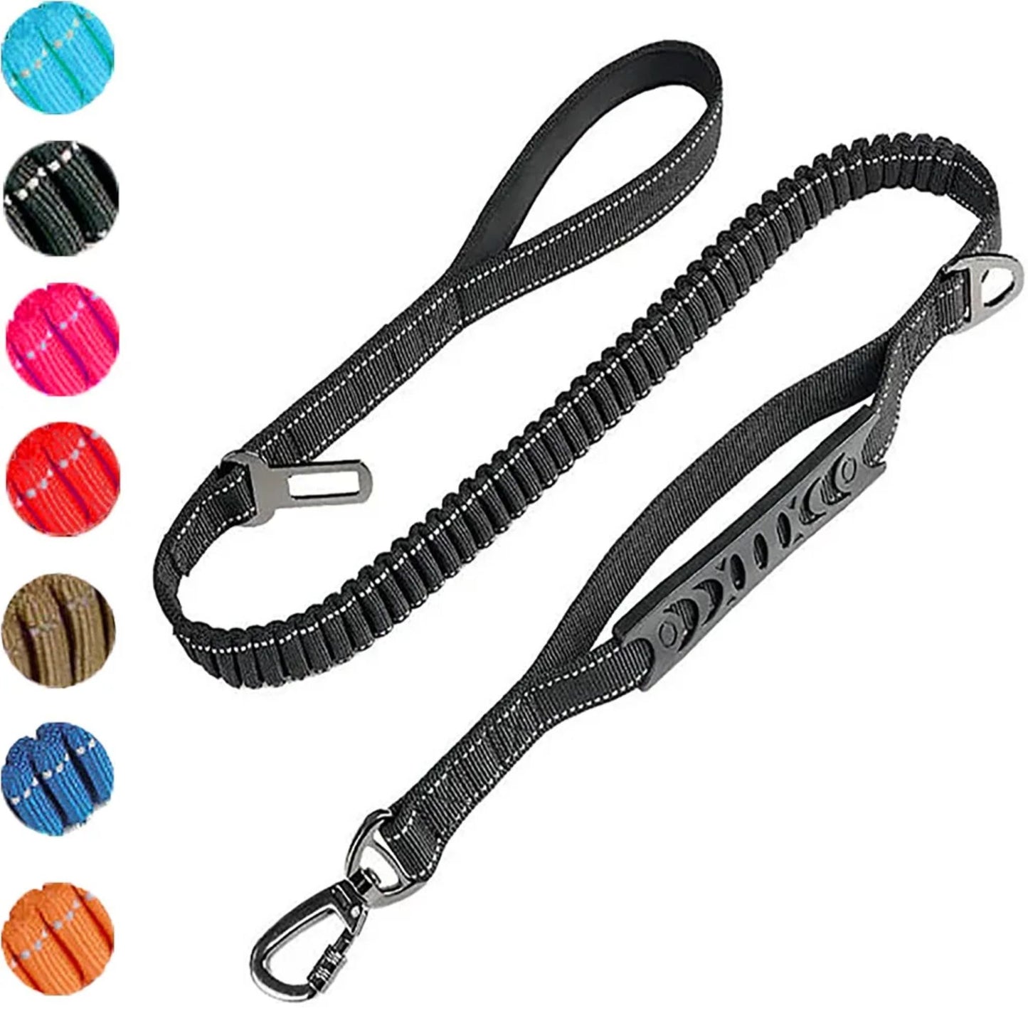 Black reflective shock-absorbing dog leash with car safety buckle from TrendyPet's Zone, designed for secure vehicle travel.