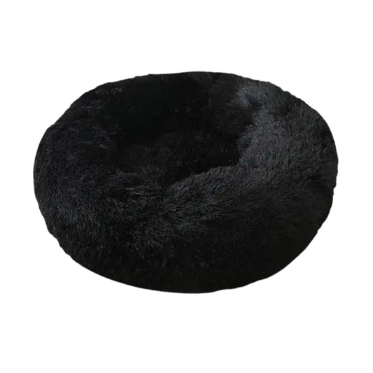 Black round plush pet bed with zipper, thick padding, and cozy design for dogs and cats by TrendyPet's Zone