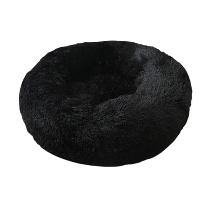 Black round plush pet bed by TrendyPet's Zone featuring thick padding, zipper closure, and cozy design for dogs and cats.