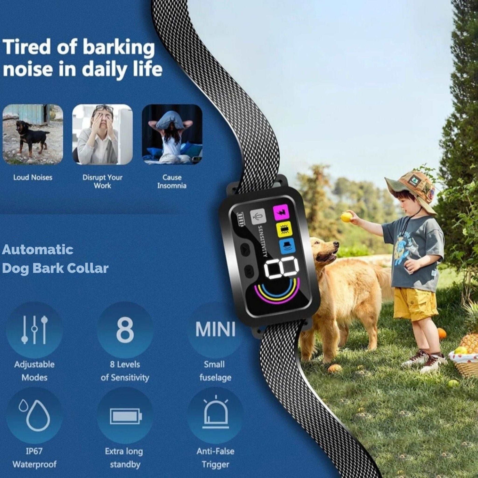 Black smart anti-barking collar for small to large dogs by TrendyPet's Zone, with 4 training modes and adjustable sensitivity.