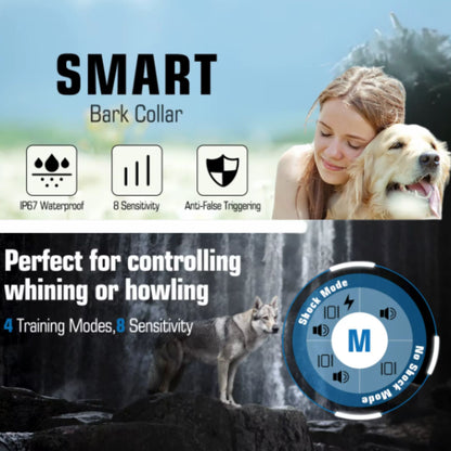 Black Smart Anti Barking Collar for small to large dogs, features 4 training modes and 8 adjustable sensitivity levels.
