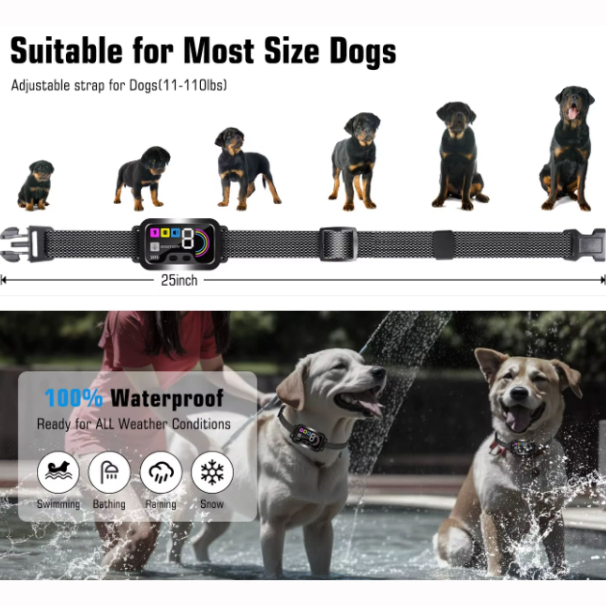 Black smart anti-barking collar for small to large dogs, rechargeable with four training modes and adjustable sensitivity.