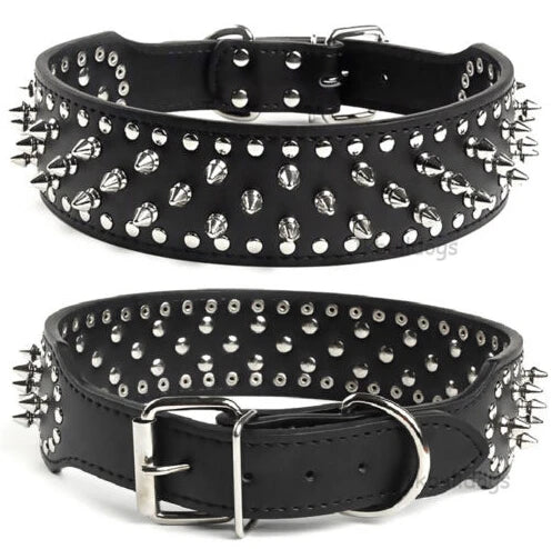 Black spiked leather dog collar with studs, adjustable anti-bite puppy neck strap for small and medium dogs, from TrendyPet's Zone.