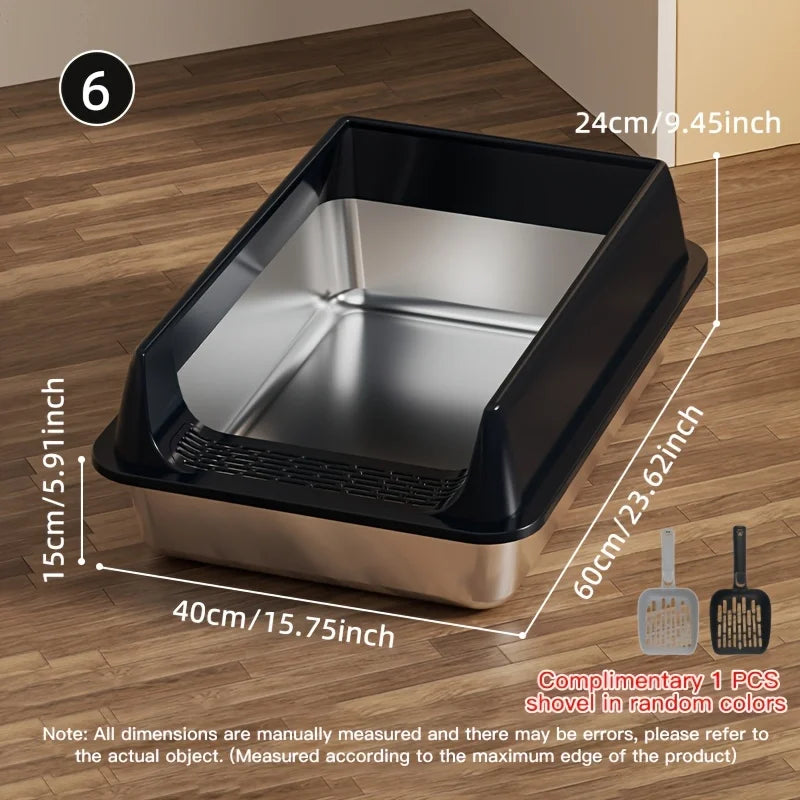 Black stainless steel cat litter box by TrendyPet's Zone, leak-proof and splash-proof, large size suitable for big cats.
