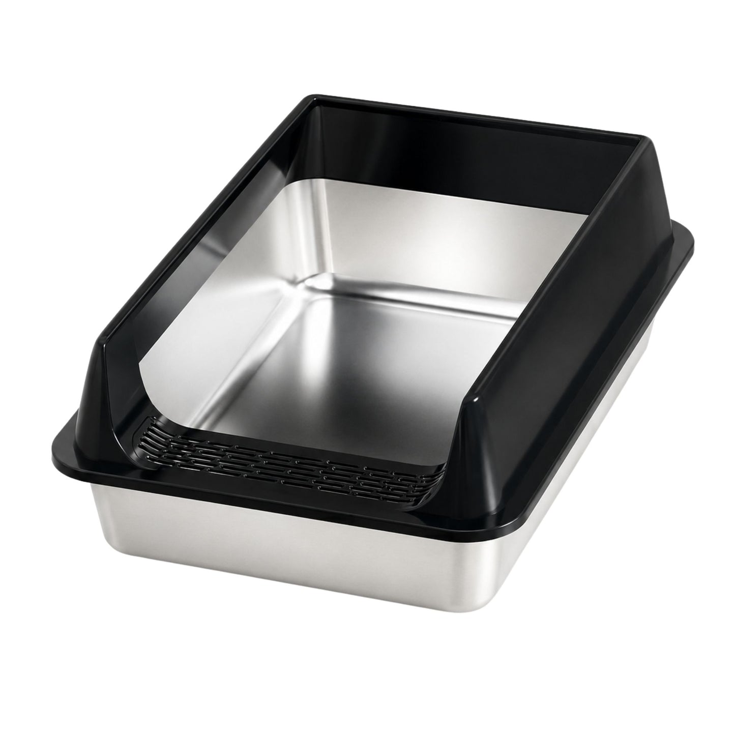 Black stainless steel cat litter box by TrendyPet's Zone, leak-proof and splash-proof, large size for big cats, durable and easy to clean.