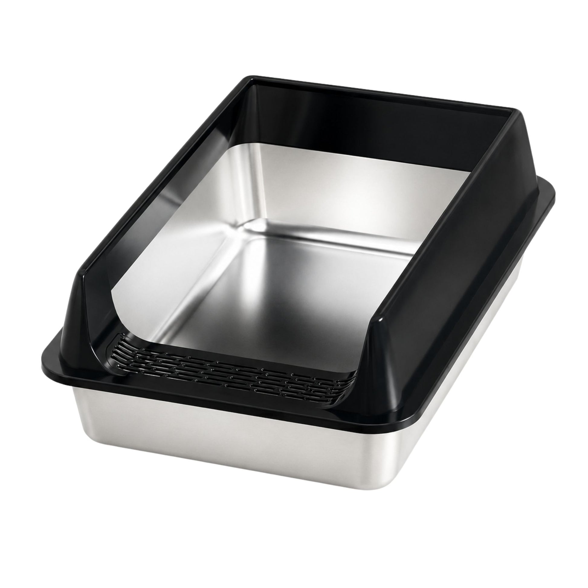 Black stainless steel cat litter box by TrendyPet's Zone, leak-proof and splash-proof, large size for big cats, durable and easy to clean.