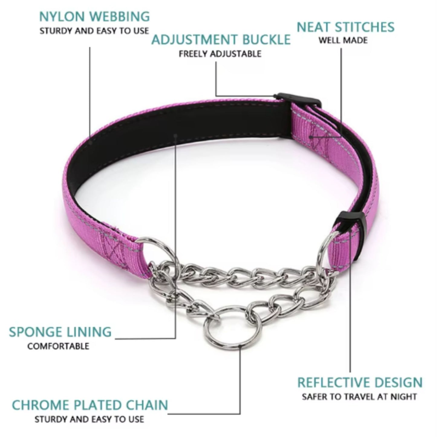Black stainless steel chain and reflective nylon fabric martingale dog collar for small to large dogs, by TrendyPet's Zone.