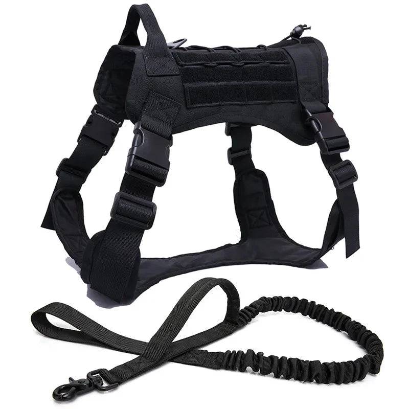 Black tactical dog vest and harness set with matching leash, military-style pet harness and leash by TrendyPet's Zone.