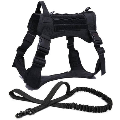 Black tactical dog vest and harness set with matching leash, military-style pet harness and leash by TrendyPet's Zone.