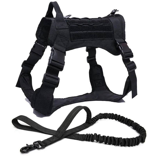Black tactical dog vest and harness set with matching leash, military-style pet harness and leash by TrendyPet's Zone.