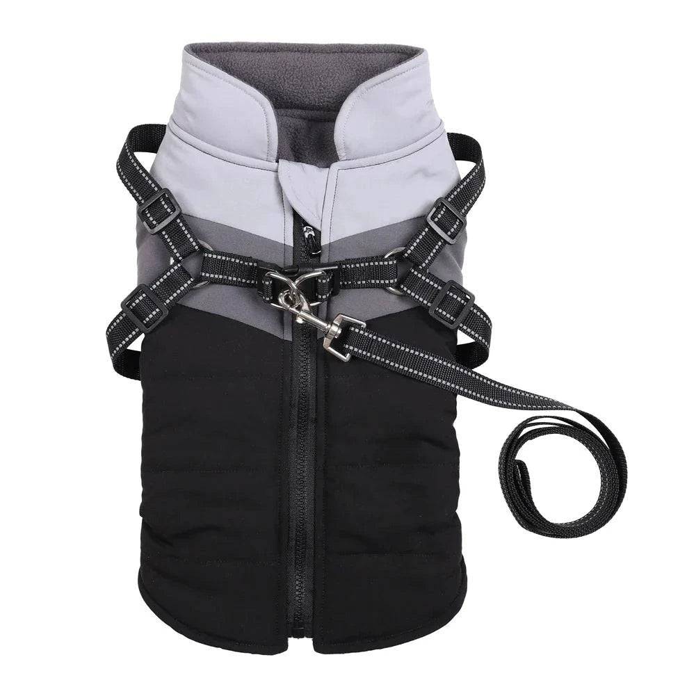 Black Warm Dog Coat Autumn Winter Jacket with Harness Cold Weather Waterproof Clothes Outfit - TrendyPet's Zone