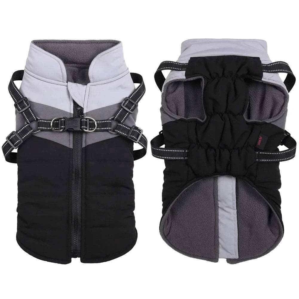 Black Warm Dog Coat Autumn Winter Jacket with Harness Cold Weather Waterproof Clothes Outfit - TrendyPet's Zone