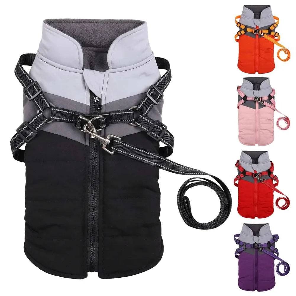 Black Warm Dog Coat Autumn Winter Jacket with Harness Cold Weather Waterproof Clothes Outfit - TrendyPet's Zone