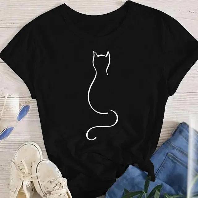 Black Women Lady Oversized T-shirt Tees Female Fashion Summer Short Sleeve Cartoon Print Graphic Clothes Tops Cute Cat Animal TRENDYPET'S ZONE