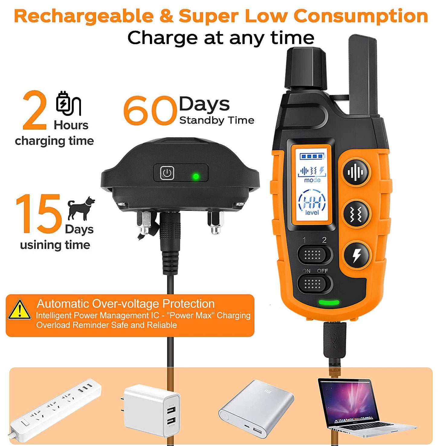 Orange TrendyPet's Zone dog training shock collar with remote, waterproof, rechargeable, suitable for small to large dogs 5-120 lbs.