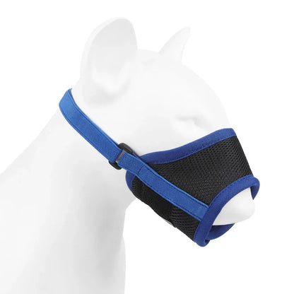 Blue adjustable anti-bark dog muzzle made of breathable soft mesh for comfort and control.