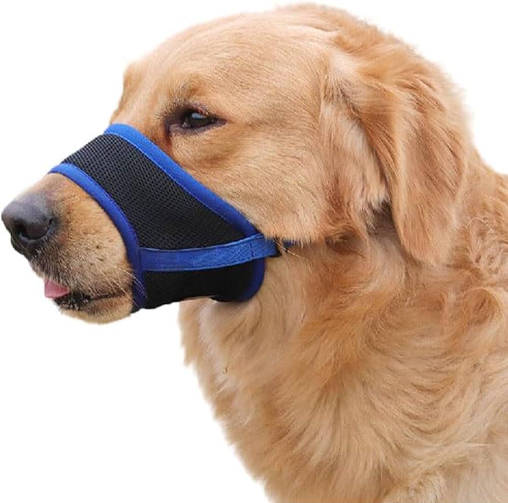 Blue adjustable anti-bark dog muzzle made of breathable soft mesh, designed for comfort and control.