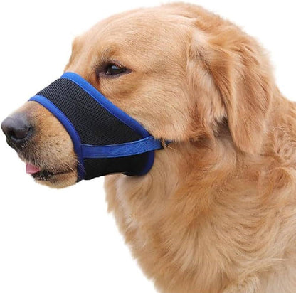 Blue adjustable anti-bark dog muzzle made of breathable soft mesh, designed for comfort and control.