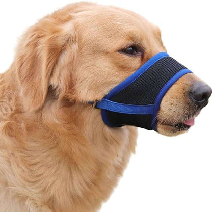 Blue adjustable anti-bark dog muzzle made of breathable soft mesh, designed for comfort and control by TrendyPet's Zone.