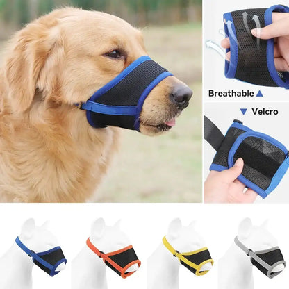Blue adjustable anti-bark dog muzzle made of breathable soft mesh, designed to comfortably prevent barking.