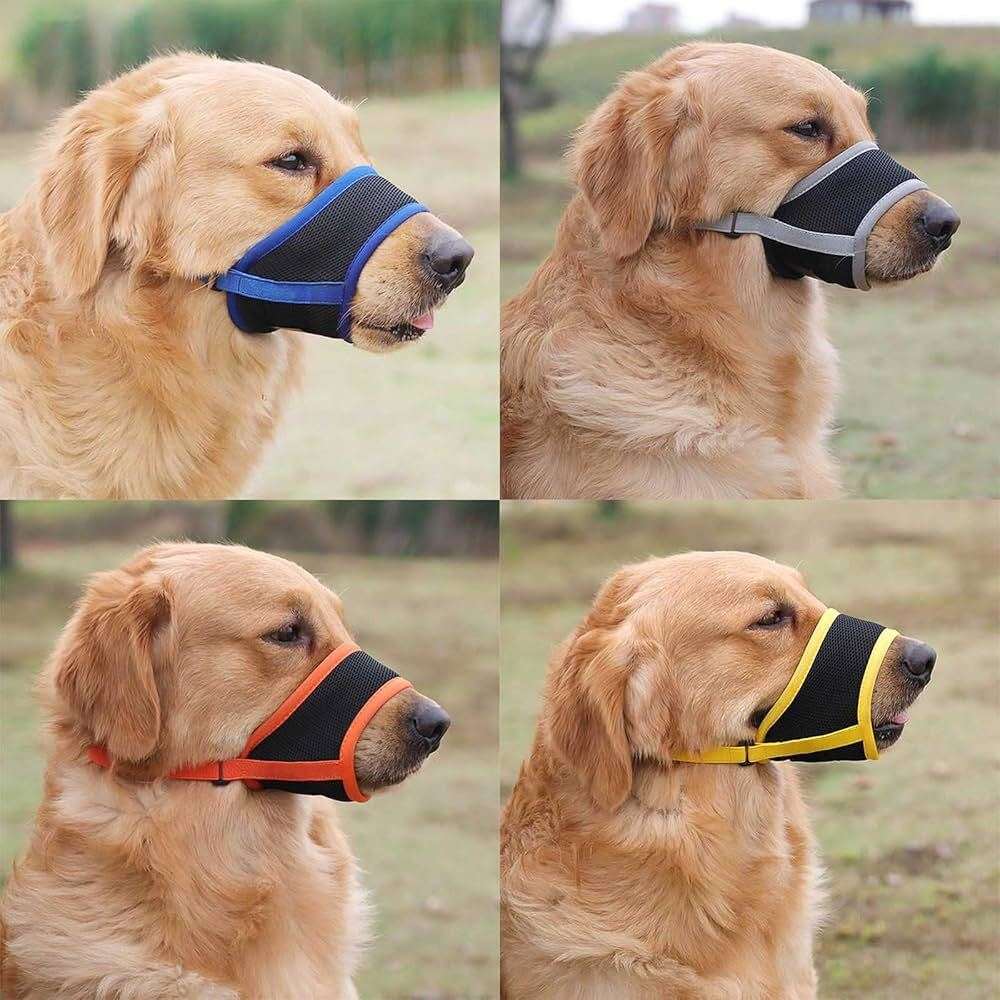 Blue adjustable anti-bark dog muzzle made of breathable soft mesh for comfort, designed by TrendyPet's Zone.