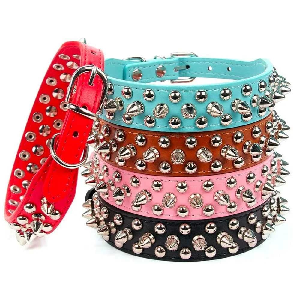 Blue Adjustable Leather Dog Collar Neck Strap PU Leather Punk Rivet Spiked Pet Puppy Collars - TrendyPet's Zone