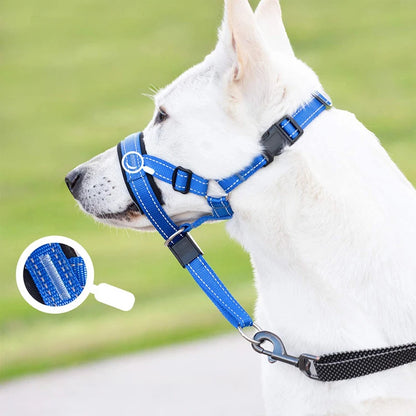 Blue adjustable nylon anti-bark dog muzzle and head halter by TrendyPet's Zone, designed for comfort and control.