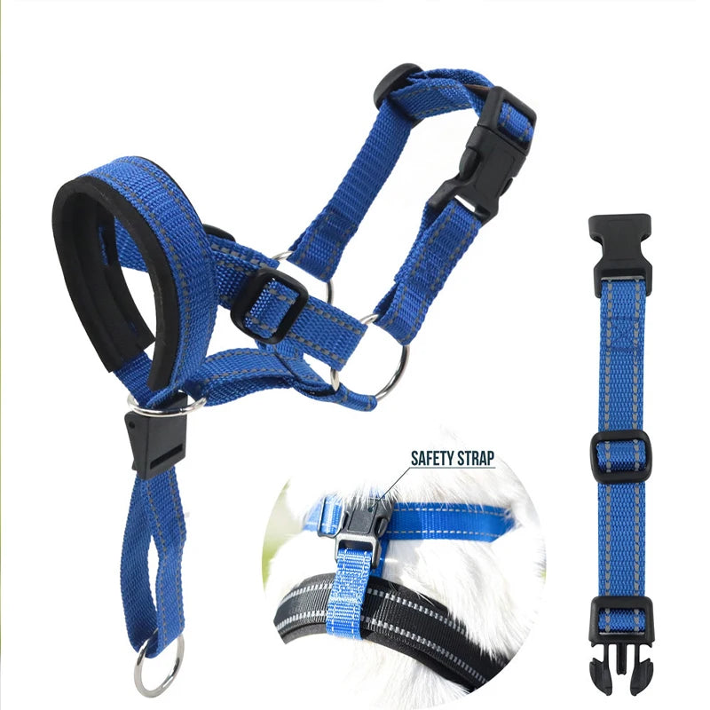 Blue adjustable nylon anti-bark dog muzzle and head halter by TrendyPet's Zone, showing the secure strap and padded nose area.